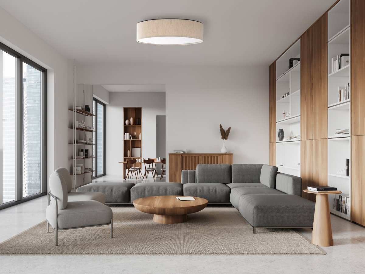 Conny Ø50 Beige plafondi valmistajalta Globo Lighting - Sk&auml;rmen i beige och den vita bottenplattan skapar ett fint och bl&auml;ndfritt ljus i rummet.