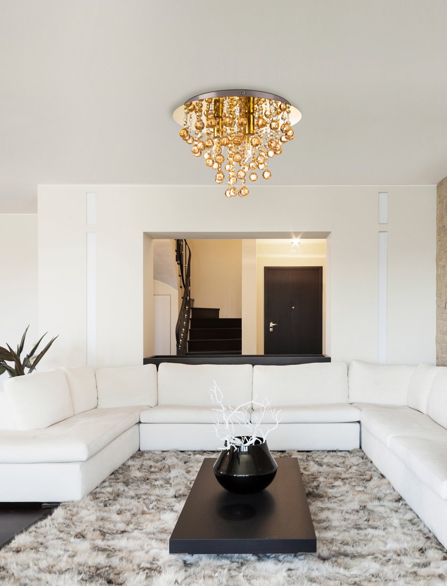 London Ø38 Kulta plafondi valmistajalta Globo Lighting - London &auml;r en elegant plafond i guld med dekorativa prismor.