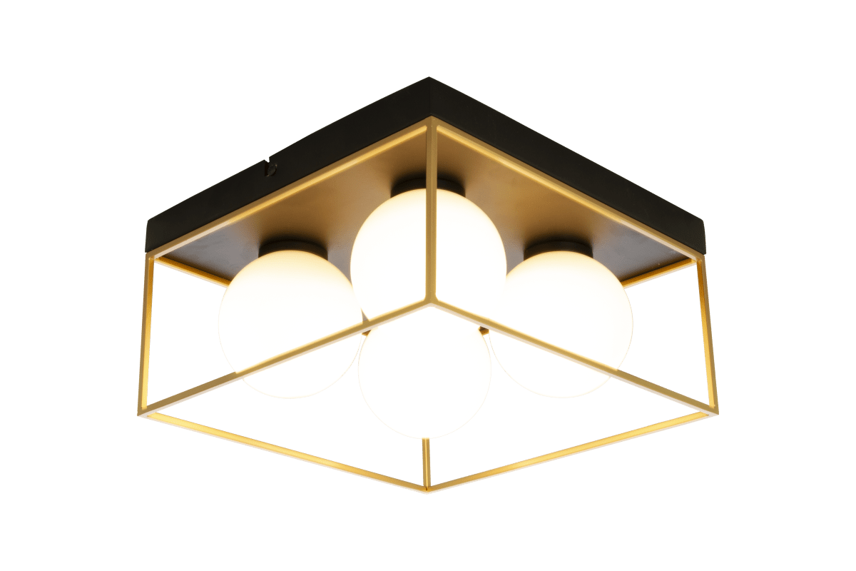Astro 28cm Musta plafondi valmistajalta Aneta Lighting - Astro-kattovalaisin mustaksi lakattua metallia ja 4 opaalivalkoista lasikupua, jotka on kehystetty kullanv&auml;risill&auml; yksityiskohdilla&aring; musta kattotiili.