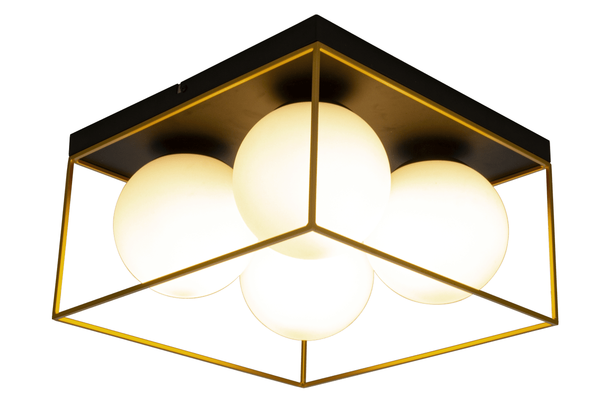 Astro 36cm Musta plafondi valmistajalta Aneta Lighting - Astro-kattovalaisin mustaksi lakattua metallia ja 4 opaalivalkoista lasikupua, jotka on kehystetty kullanv&auml;risill&auml; yksityiskohdilla&aring; musta kattotiili.