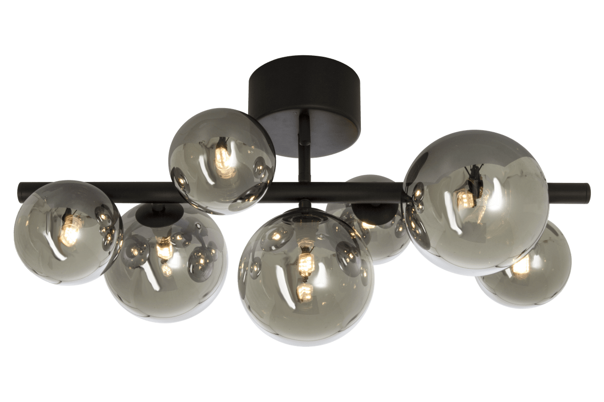 Molekyl 58cm Savun harmaa plafondi valmistajalta Aneta Lighting - Mustametallista valmistettu trendikäs molekyyliplafoni, jossa on 7 erikokoista savustettua lasikupua sijoitettuna&aring; 58 cm pitkä sauva.