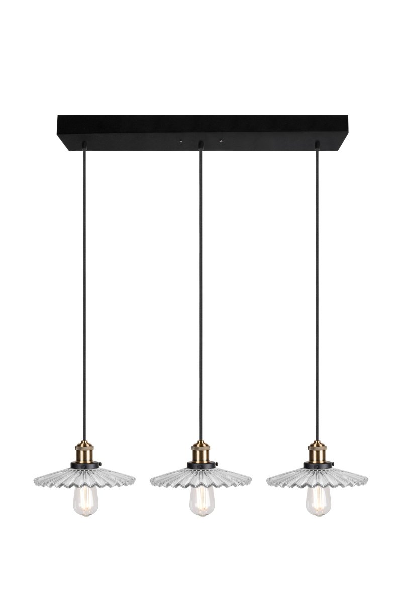 Cobbler 90cm Selkeä kattovalaisin valmistajalta Globen Lighting - Valaisimessa on kolme 120 cm pitkää mustaa tekstiilikaapelia, joiden korkeus on säädettävissä, sekä kattokuppi mustasta metallista.