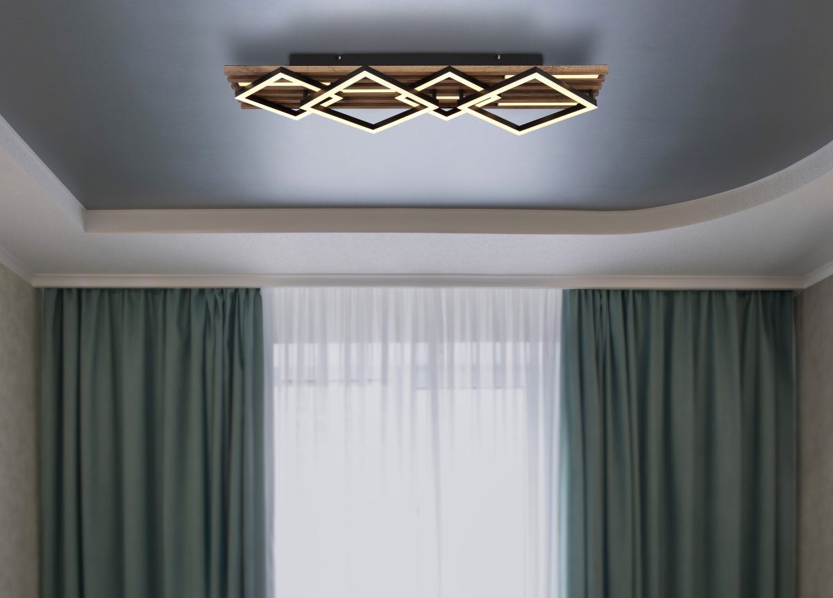 Obrien 82cm Puu plafondi valmistajalta Globo Lighting - Takf&auml;stet som efterliknar akustikpanel i kombination med de mattsvarta detaljerna i metall bidrar med industriell k&auml;nsla till rummet.