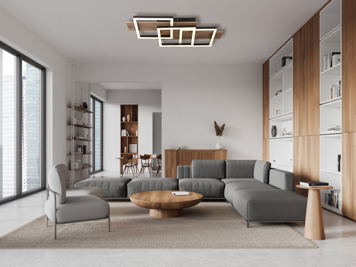 Jeffry 58cm Puu plafondi valmistajalta Globo Lighting - Takf&auml;stet som efterliknar tr&auml; i kombination med de mattsvarta detaljerna i metall bidrar med industriell k&auml;nsla till rummet.