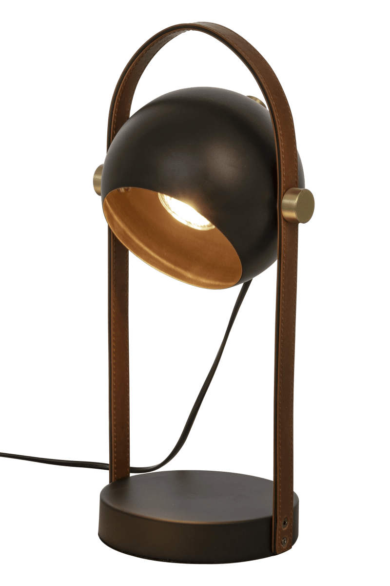 Bow 38cm Musta pöytävalaisin valmistajalta Aneta Lighting - Pöytävalaisin mustaksi lakattua metallia, yksityiskohdat matta messinkiä ja ruskeaa nahkaa.