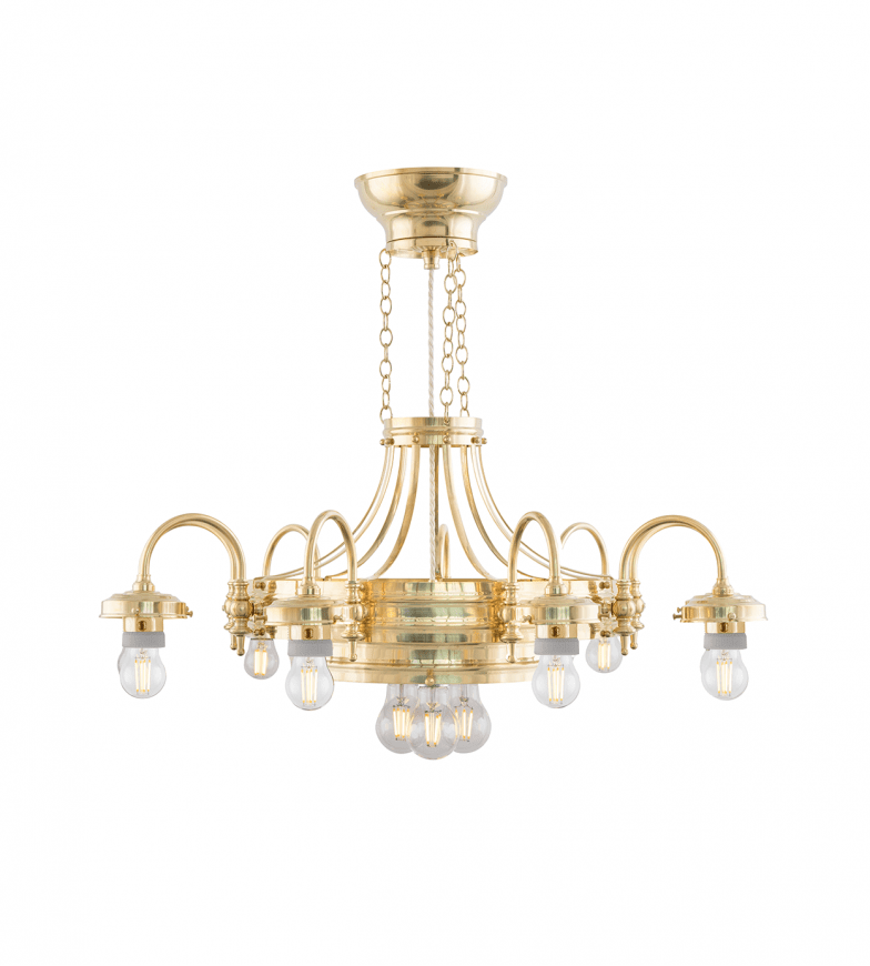 Heidenstam 9 Messinki valmistajalta Karlskrona lampfabrik - Den &auml;r avsedd som allm&auml;nbelysning i st&ouml;rre rum, och utg&ouml;r ett bra alternativ till mer vanligt f&ouml;rekommande kristallkronor.