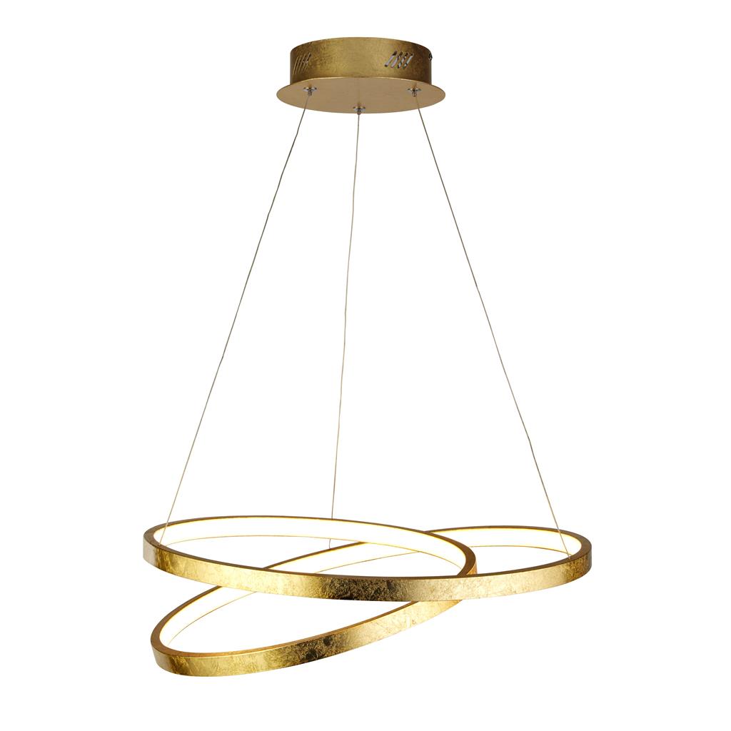 Float Ø47 Kulta kattovalaisin valmistajalta Searchlight - Se on viimeistelty upealla kultaisella lehtiviimeistelyllä ja sitä täydentää valkoinen PC-muovista valmistettu LED-nauha, joka on roikkuu yhteensopivasta kultaisesta metallista kattokiinnikkeestä.