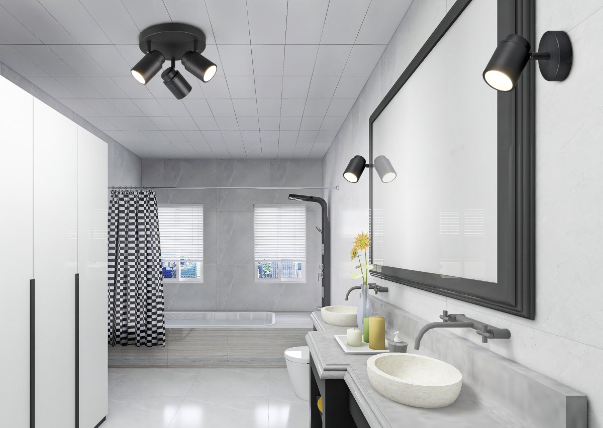 Angelo Ø20 Musta kylpyhuoneen valaisin valmistajalta Trio Lighting - Tämä klassinen kohdevalaisin portaattomasti säädettävillä varjostimilla ja IP44-suojauksella on monipuolinen ja sopii sekä pesutupaan että kylpyhuoneeseen.