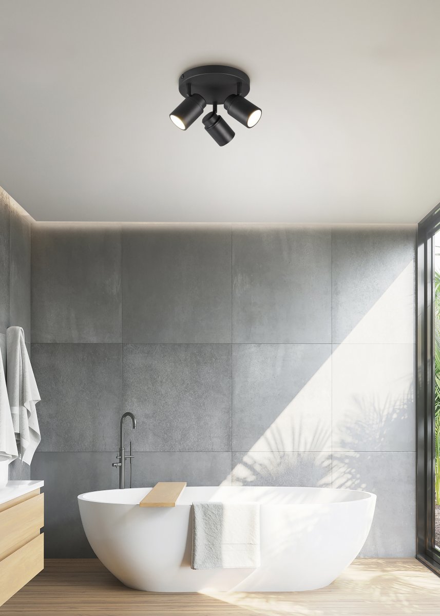 Angelo Ø20 Musta kylpyhuoneen valaisin valmistajalta Trio Lighting - Tämä klassinen kohdevalaisin portaattomasti säädettävillä varjostimilla ja IP44-suojauksella on monipuolinen ja sopii sekä pesutupaan että kylpyhuoneeseen.