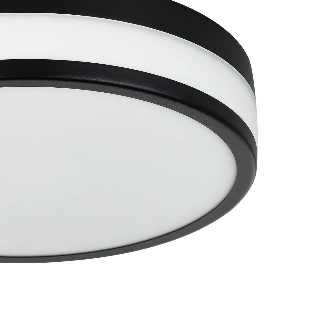 Led Palermo Ø30 Musta kylpyhuoneen valaisin valmistajalta Eglo - Tässä pyöreässä kattovalaisimessa on moderni ja minimalistinen muotoilu ja musta runko, joka ympäröi valkoista diffuusoria.