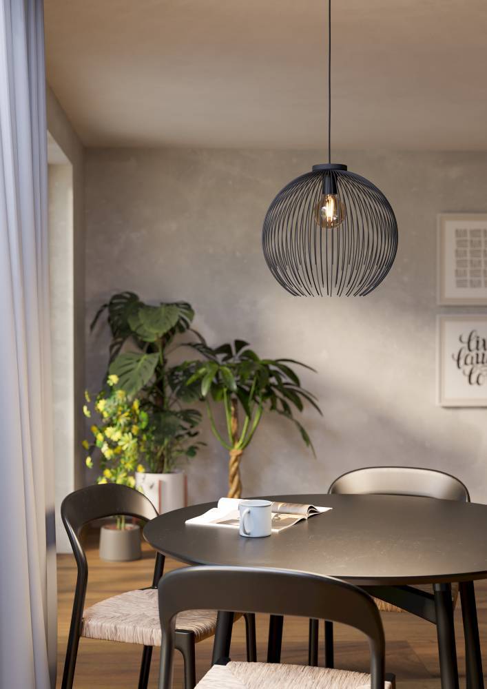 Venezuela Ø40 Musta kattovalaisin valmistajalta Eglo - Ainutlaatuisella muodollaan se kiinnittää huomiota ja siitä tulee nopeasti kotisi keskeinen katseenvangitsija.