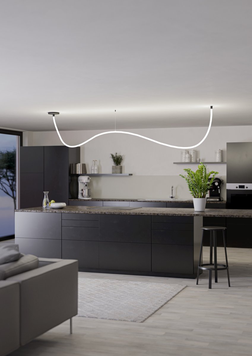 Glow 300cm Musta kattovalaisin valmistajalta Eglo - Valaisin tuottaa 800 lumenia metriä kohden ja voi valaista lämpimän valkoisessa 2700K:n värilämpötilassa tai eri RGB-väreissä.
