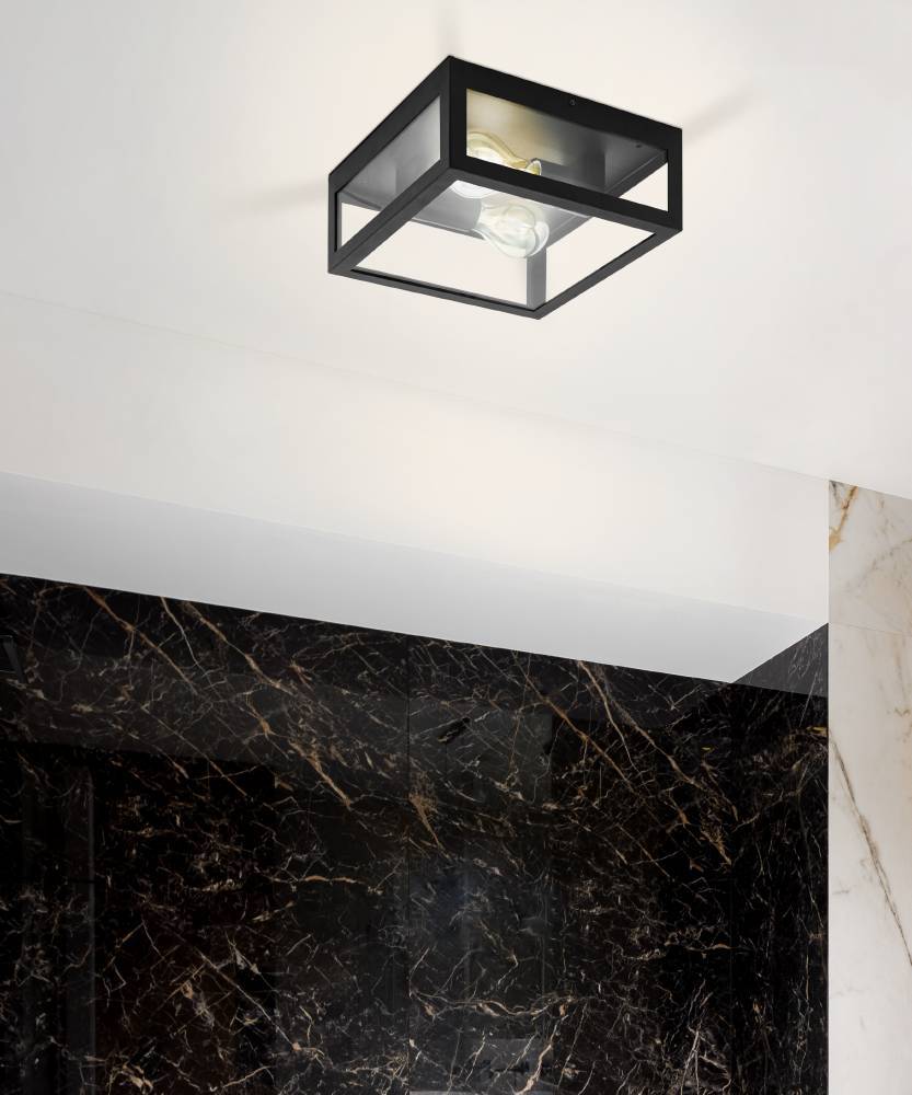 Amezola 30cm Musta kylpyhuoneen valaisin valmistajalta Eglo - Tämä neliönmuotoinen kattovalaisin mustaa metallia ja lasia antaa kotiisi modernin ja teollisen ilmeen.