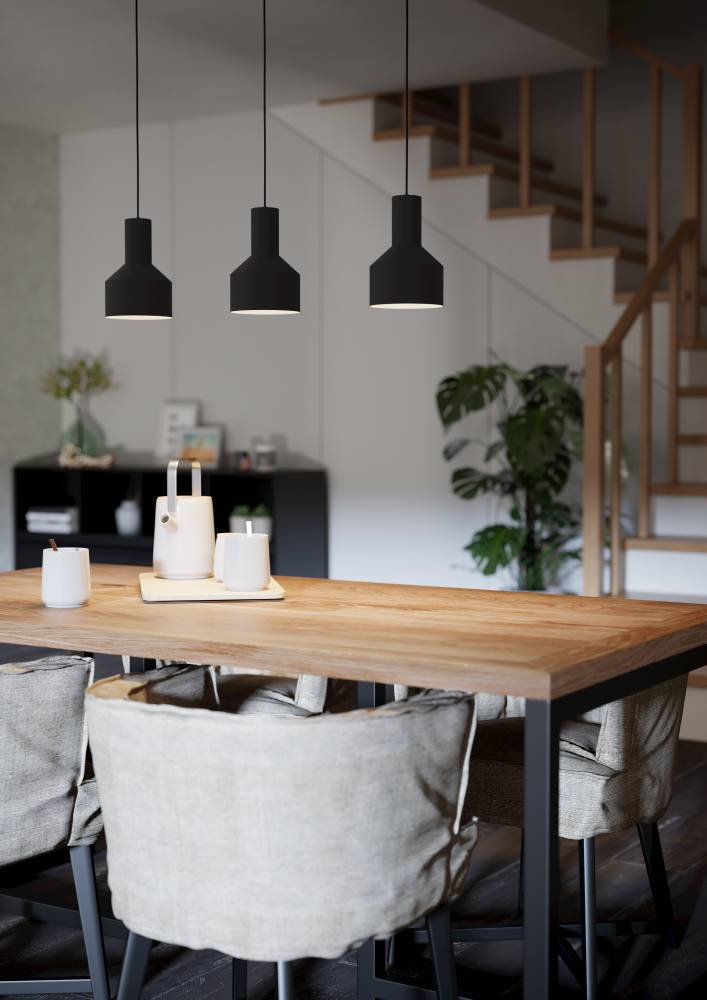 Casibare 85cm Musta kattovalaisin valmistajalta Eglo - T&auml;m&auml; riippuvalaisin, jossa on kolme minimalistista mustaa s&auml;vy&auml;, luo modernin ja tyylikk&auml;&auml;n ilmeen, joka sopii t&auml;ydellisesti ruokap&ouml;yd&auml;n tai keitti&ouml;n p&auml;&auml;lle.