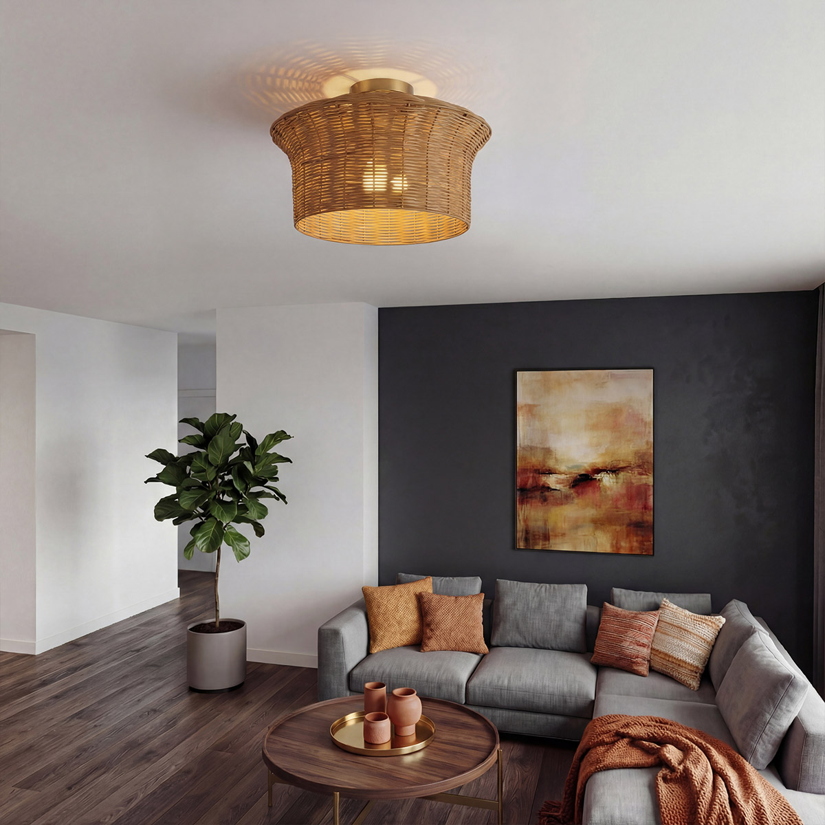 Kai Ø40 Luonto plafondi valmistajalta Elstead Lighting - Luonnonv&auml;rinen rottinki antaa valaisimelle l&auml;mpim&auml;n ja kodikkaan ilmeen, kun taas harjatun kullanv&auml;riset yksityiskohdat luovat mukavan kontrastin.