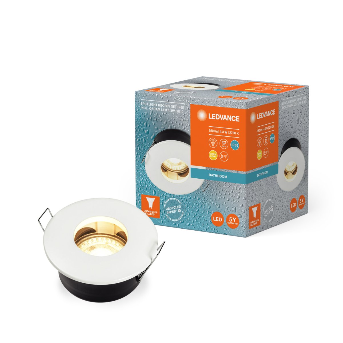 Recess IP65 GU10 4W Valkoinen valmistajalta Osram - Inf&auml;lld spotlight f&ouml;r badrum d&auml;r 1st GU10 4,3W ljusk&auml;lla fr&aring;n Osram medf&ouml;ljer.
