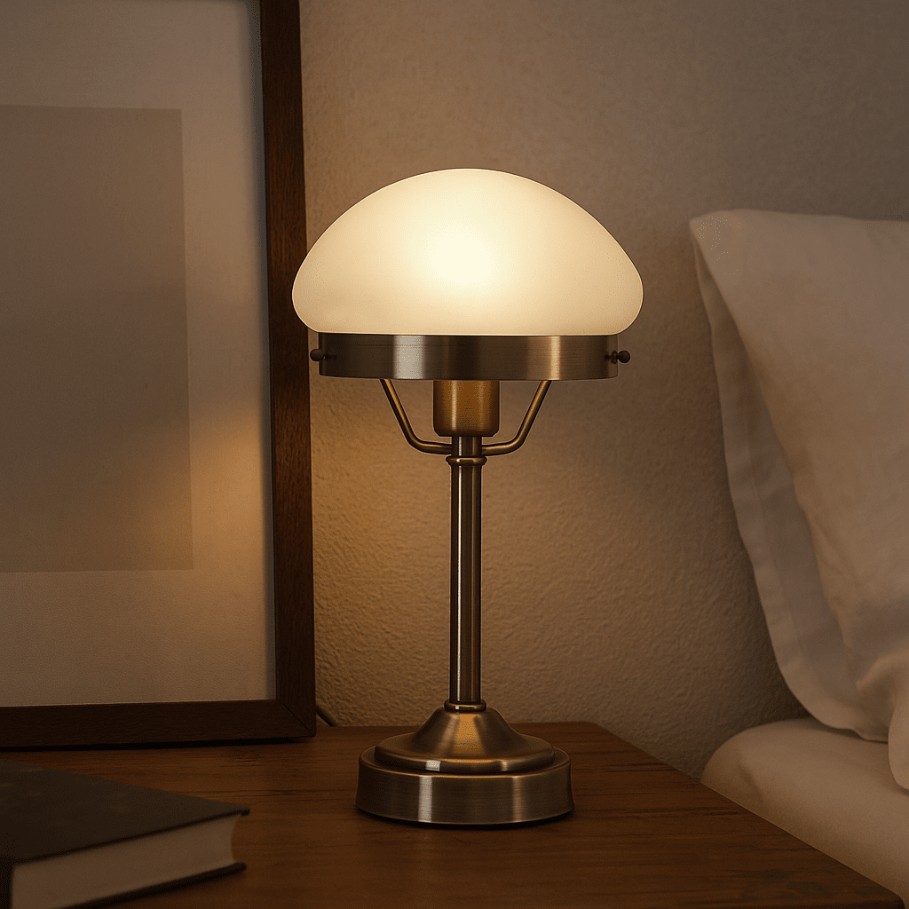 Jas 30cm Antiikkimessinki pöytävalaisin valmistajalta Lampan - Siin&auml; on antiikkimessinkipintainen metallinen jalusta ja kupumainen valkoinen lasivarjostin, joka levitt&auml;&auml; pehme&auml;&auml; ja miellytt&auml;v&auml;&auml; valoa.