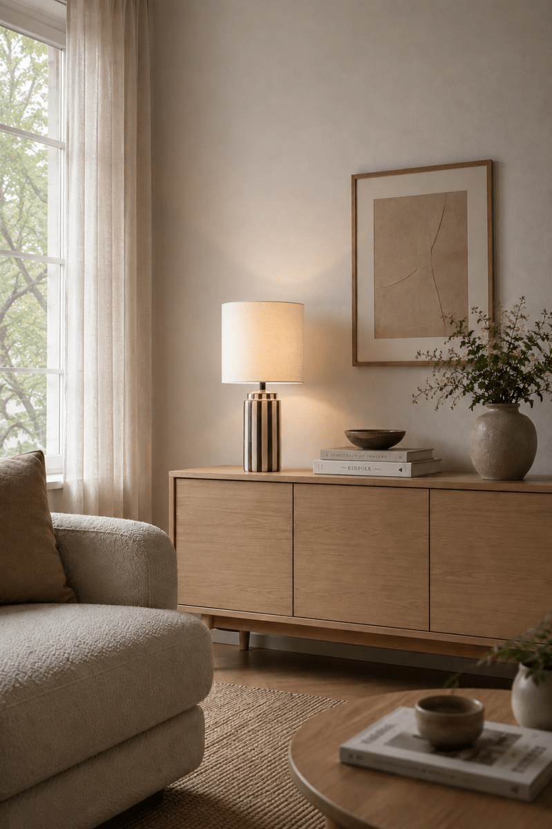 Faro 50cm Ruskea/valkoinen pöytävalaisin valmistajalta Nordic Lighting - Lampunjalka on valmistettu keraamisesta materiaalista, ja siin&auml; on kermanvalkoinen ja ruskeat raidat, jotka antavat eloisan mutta tasapainoisen vaikutelman.