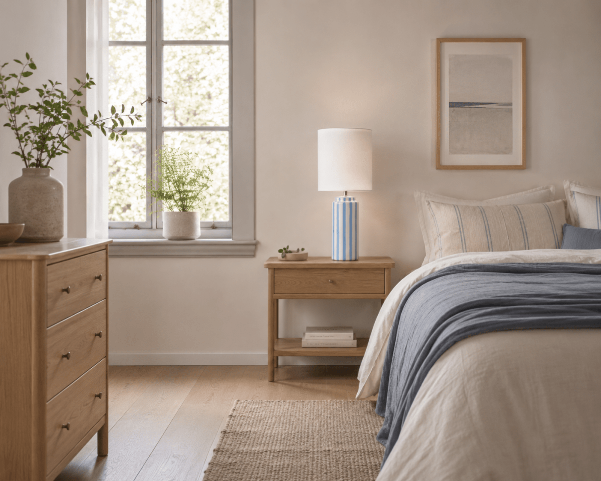 Faro 50cm Vaaleansininen/valkoinen pöytävalaisin valmistajalta Nordic Lighting - Lampunjalka on valmistettu keraamisesta materiaalista, ja siin&auml; on kermanvalkoinen jalusta ja vaaleansiniset raidat, jotka antavat eloisan mutta tasapainoisen vaikutelman.