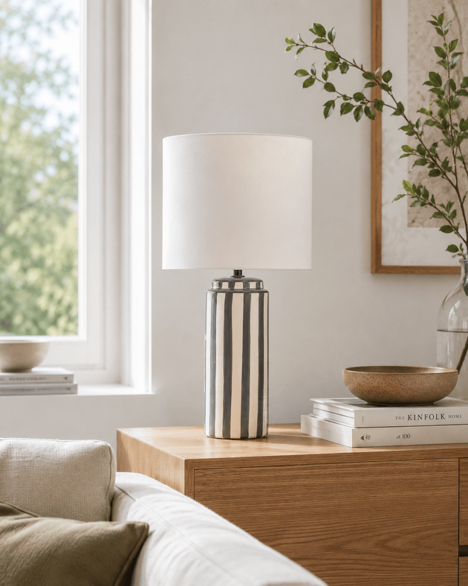 Faro 50cm Harmaa/valkoinen pöytävalaisin valmistajalta Nordic Lighting - Lampun jalka on valmistettu keraamisesta materiaalista, ja sen kermanvalkoinen jalusta ja harmaat raidat luovat eloisan mutta tasapainoisen vaikutelman.