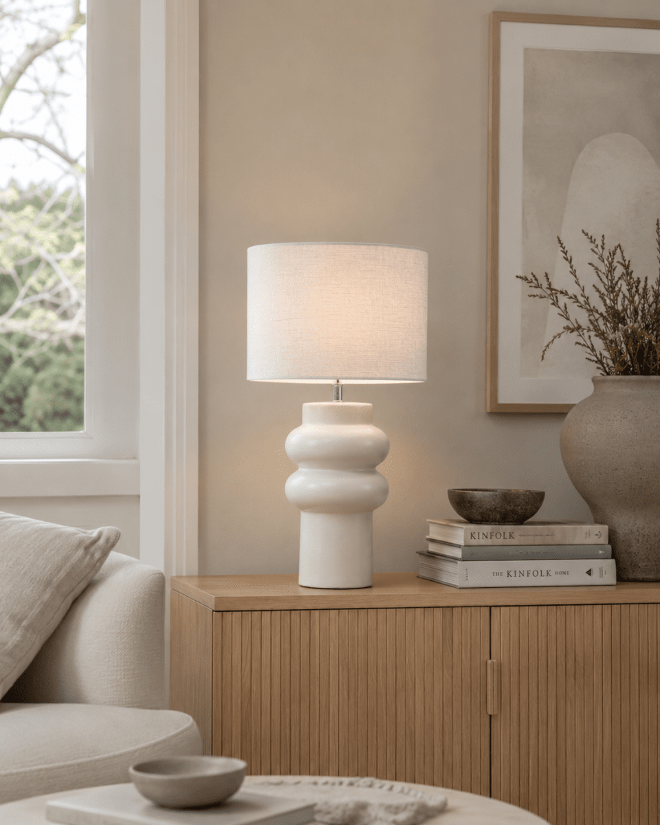 Anelli 56cm Valkoinen pöytävalaisin valmistajalta Nordic Lighting - Anelli -pöytävalaisimessa on tyylikäs keraaminen jalusta ja elegantti pellavainen varjostin.