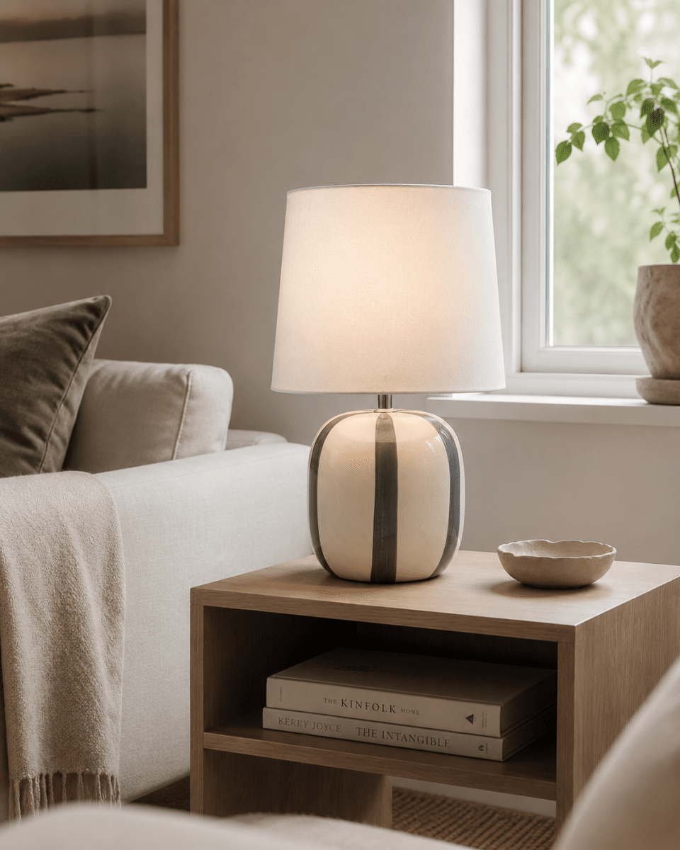 Pholca 38cm Valkoinen/harmaa pöytävalaisin valmistajalta Nordic Lighting - Lampunjalka on valmistettu keraamisesta materiaalista, ja siin&auml; on kermanvalkoinen pohja ja harmaat raidat, jotka luovat eloa ja luonnetta.