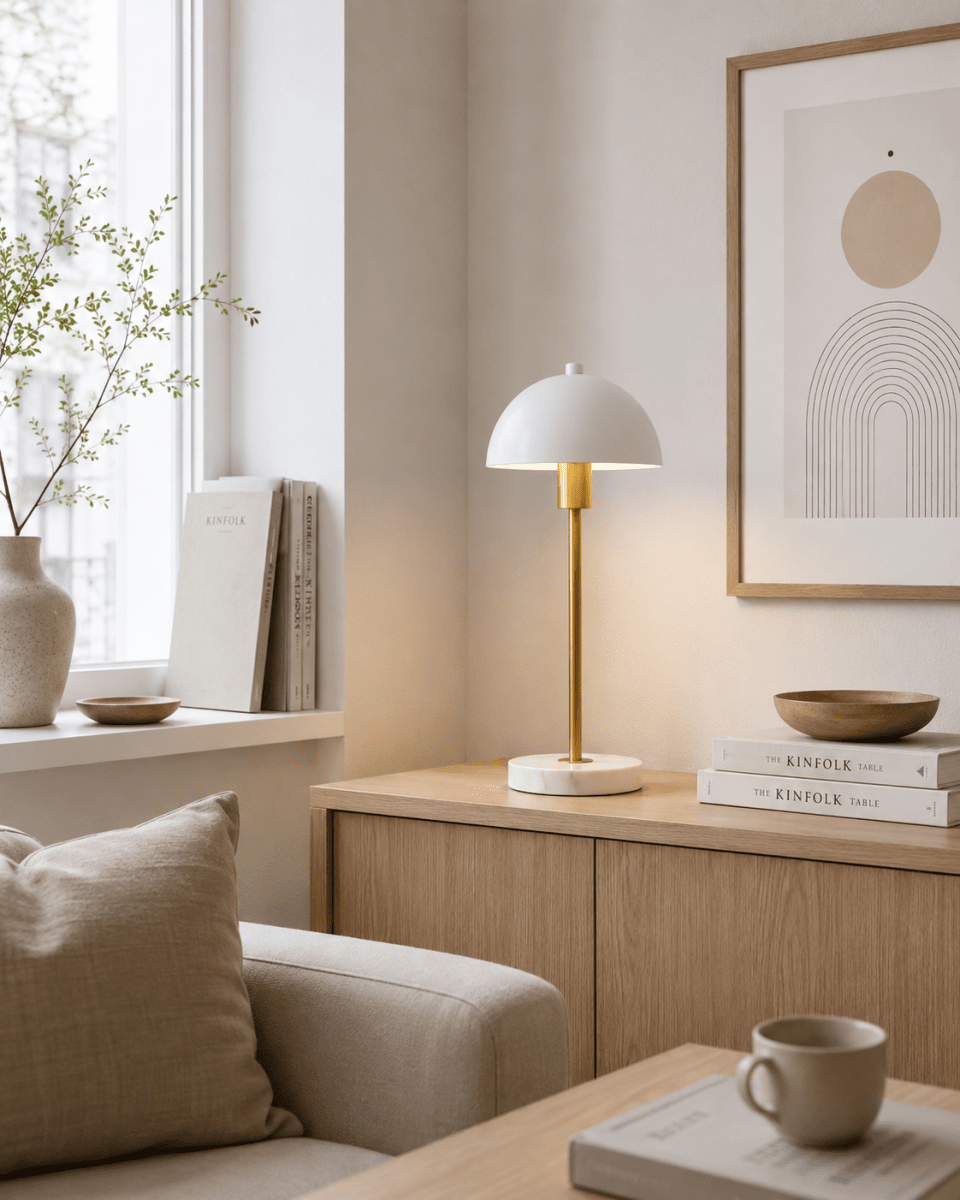 Dito 47cm Valkoinen pöytävalaisin valmistajalta Nordic Lighting - Valkoinen varjostin ja luonnonvalkoinen marmorijalusta luovat hienostuneen ilmeen, kun taas kiilt&auml;v&auml;n kultainen tanko lis&auml;&auml; l&auml;mmint&auml; ja ylellist&auml; tunnelmaa.