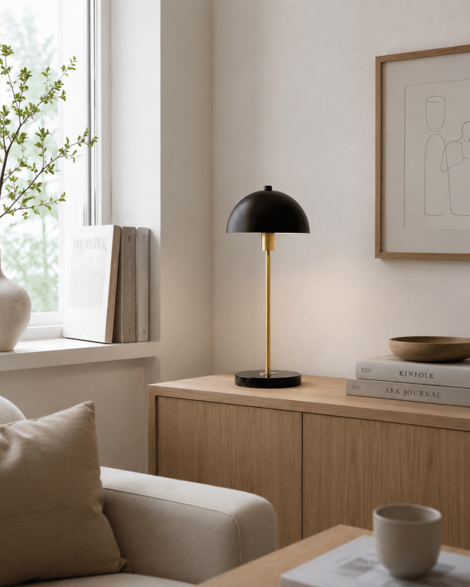 Dito 47cm Musta pöytävalaisin valmistajalta Nordic Lighting - Musta varjostin ja marmorijalusta luovat hienostuneen ilmeen, kun taas kiilt&auml;v&auml;n kultainen tanko lis&auml;&auml; l&auml;mmint&auml; ja ylellist&auml; tunnelmaa.