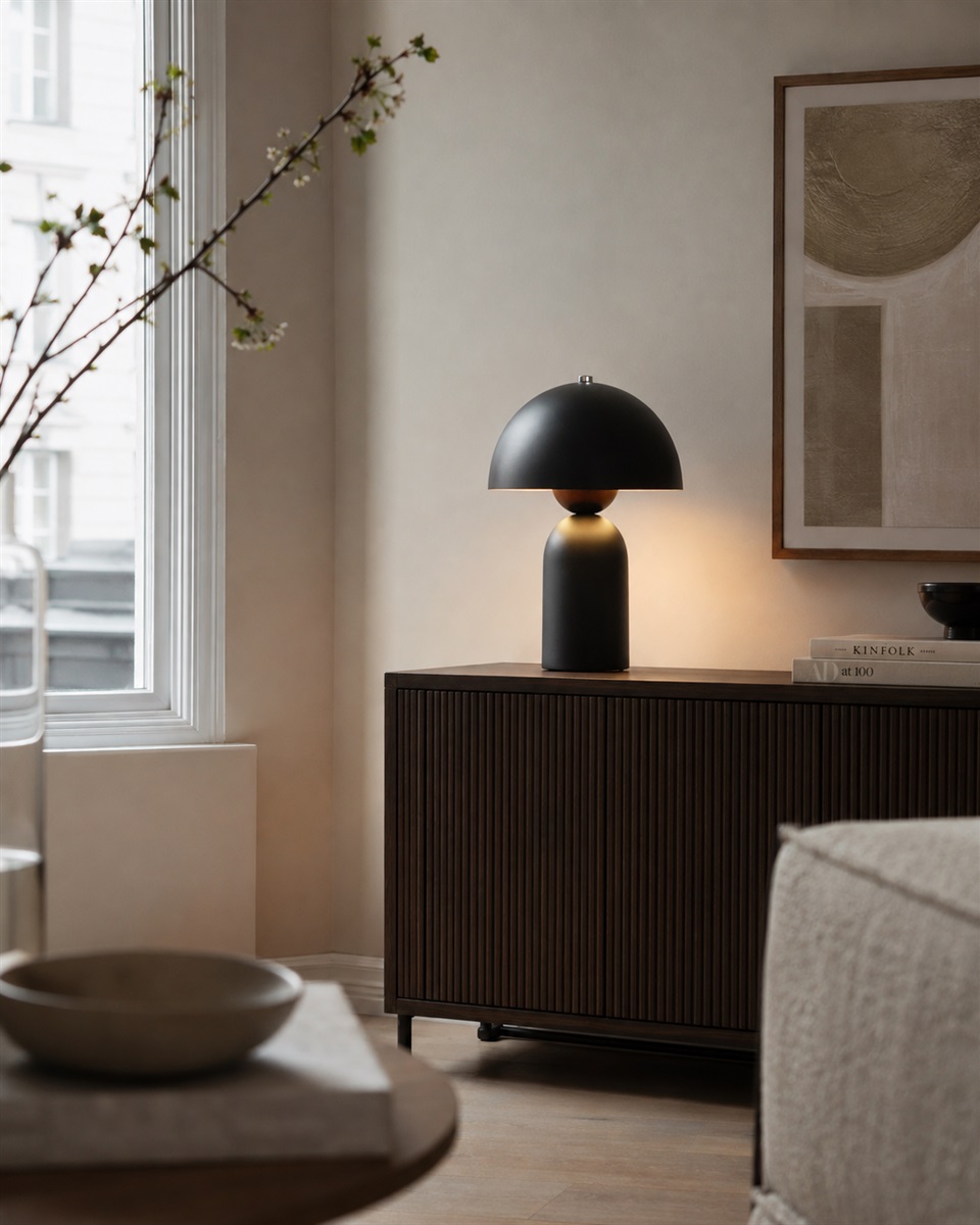 Capello 35cm Musta pöytävalaisin valmistajalta Nordic Lighting - Valaisimessa on py&ouml;ristetty varjostin ja pehme&auml;sti muotoiltu jalka, joka luo harmonisen tasapainon muotojen v&auml;lille.