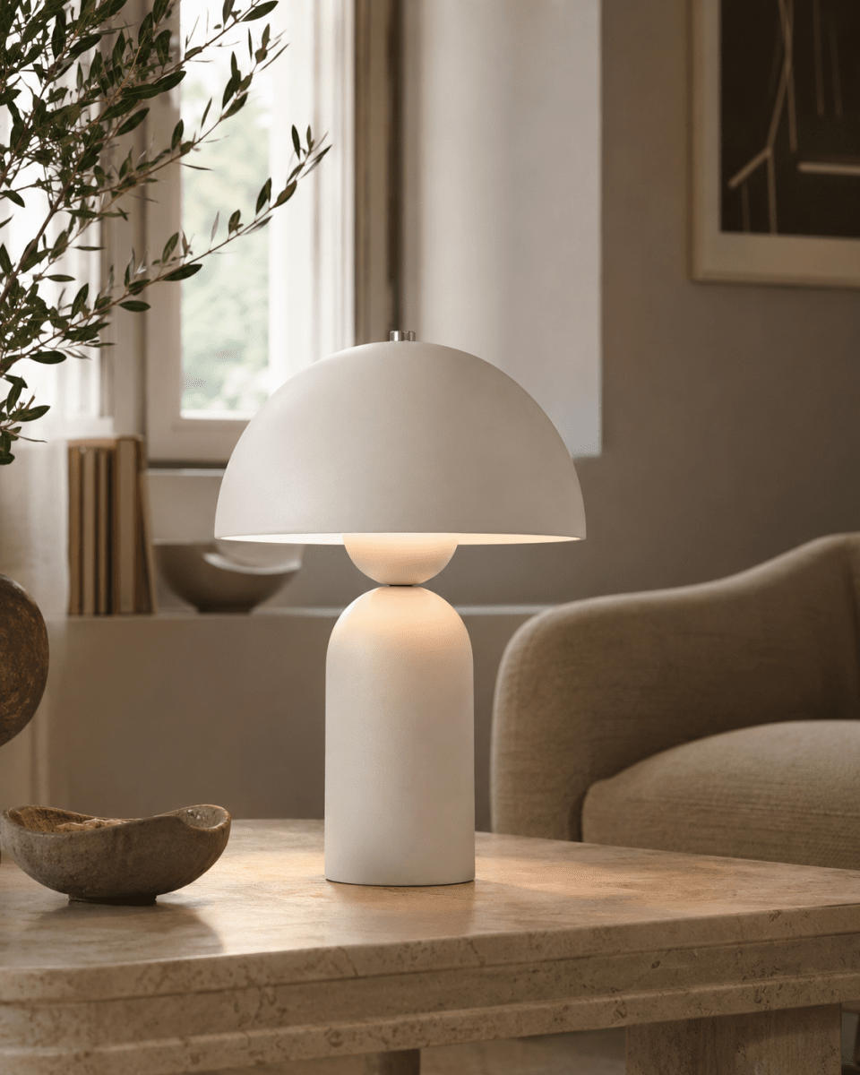 Capello 35cm Valkoinen pöytävalaisin valmistajalta Nordic Lighting - Valaisimessa on py&ouml;ristetty varjostin ja pehme&auml;sti muotoiltu jalka, joka luo harmonisen tasapainon muotojen v&auml;lille.