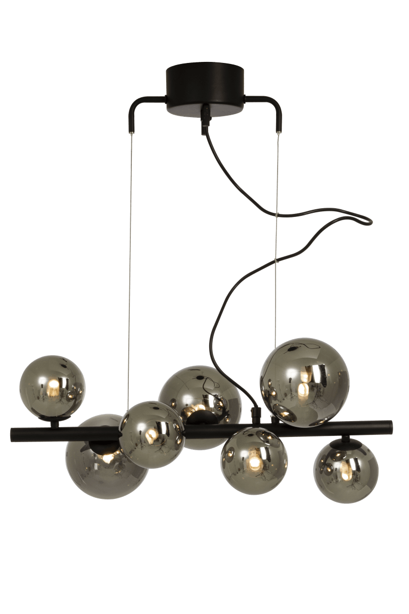 Molekyl 58cm Savun harmaa kattovalaisin valmistajalta Aneta Lighting - MOLEKYL moderni tyylikäs kattovalaisin mustaksi lakattua metallia, jossa on 7 savunväristä lasikupua kahdessa eri koossa.