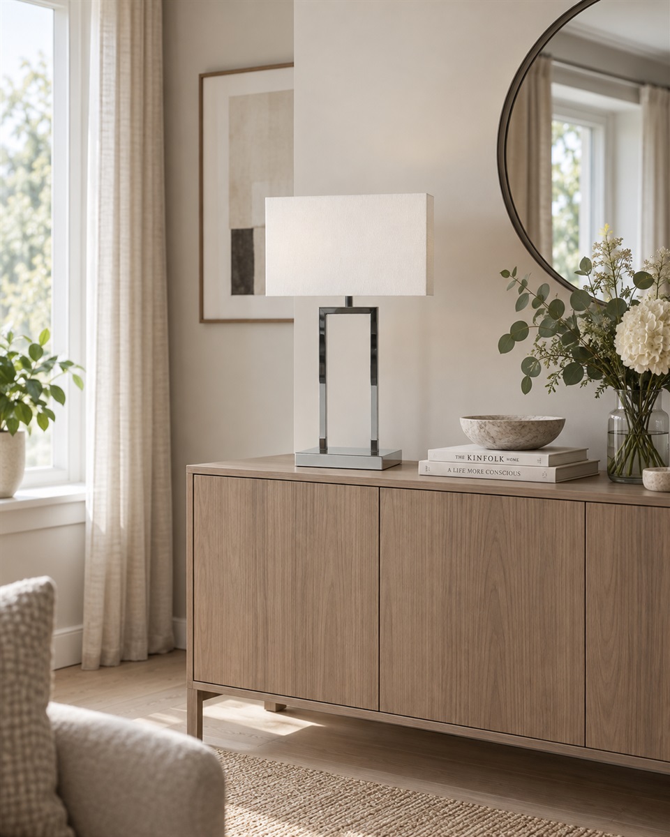 Gemma 52cm Kromi pöytävalaisin valmistajalta Nordic Lighting - Valkoinen, suorakulmainen tekstiilivarjostin levitt&auml;&auml; pehme&auml;&auml; ja miellytt&auml;v&auml;&auml; valoa, joka sopii t&auml;ydellisesti sek&auml; makuuhuoneisiin, olohuoneisiin ett&auml; eteisiin.