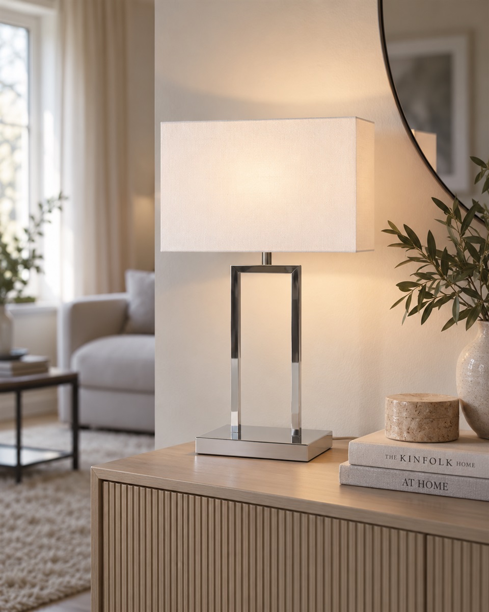 Gemma 52cm Kromi pöytävalaisin valmistajalta Nordic Lighting - Valkoinen, suorakulmainen tekstiilivarjostin levitt&auml;&auml; pehme&auml;&auml; ja miellytt&auml;v&auml;&auml; valoa, joka sopii t&auml;ydellisesti sek&auml; makuuhuoneisiin, olohuoneisiin ett&auml; eteisiin.