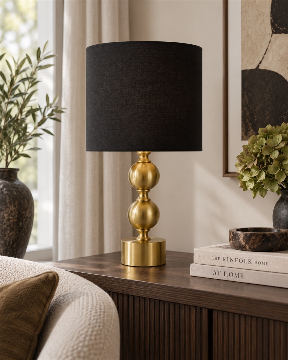 Circolo 48cm Messinki/musta pöytävalaisin valmistajalta Nordic Lighting - Circolo-p&ouml;yt&auml;valaisimessa yhdistyv&auml;t koristeellinen metallijalka, elegantti messinkipinta ja klassinen musta pellavavarjostin.