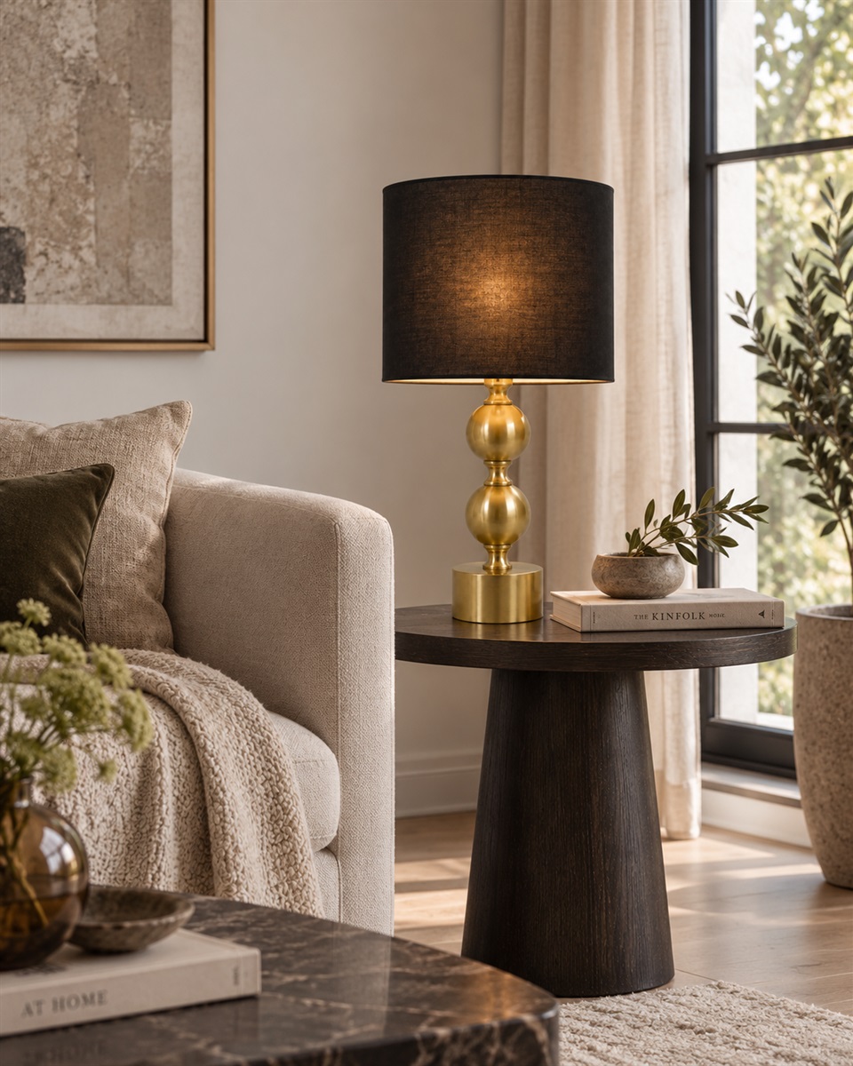 Circolo 48cm Messinki/musta pöytävalaisin valmistajalta Nordic Lighting - Circolo-p&ouml;yt&auml;valaisimessa yhdistyv&auml;t koristeellinen metallijalka, elegantti messinkipinta ja klassinen musta pellavavarjostin.