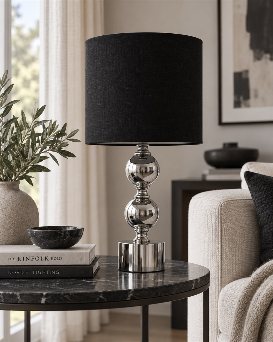 Circolo 48cm Kromi/musta pöytävalaisin valmistajalta Nordic Lighting - Circolo-p&ouml;yt&auml;valaisimessa yhdistyv&auml;t koristeellinen metallijalka, elegantti kromipinta ja klassinen musta pellavavarjostin.