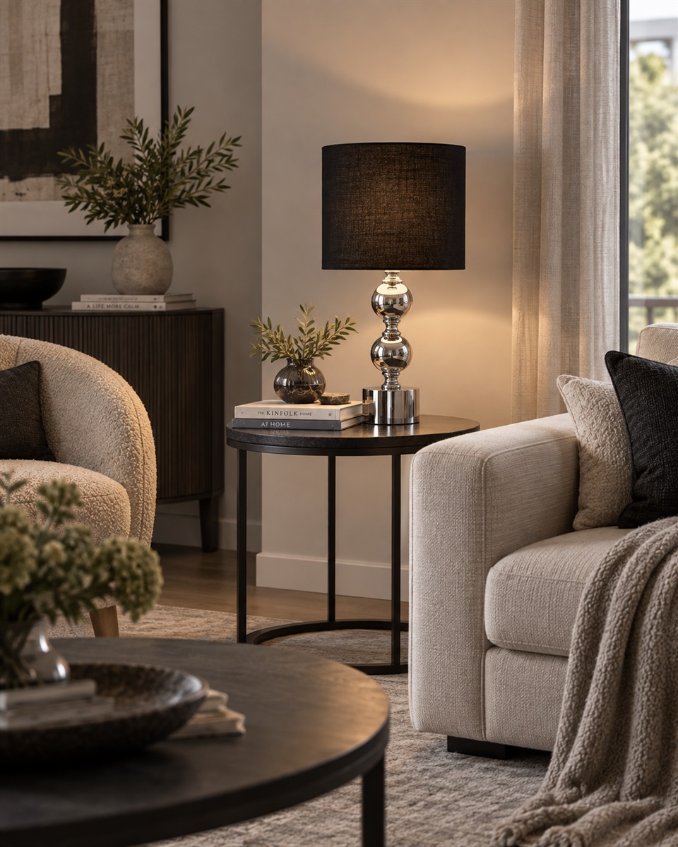Circolo 48cm Kromi/musta pöytävalaisin valmistajalta Nordic Lighting - Circolo-p&ouml;yt&auml;valaisimessa yhdistyv&auml;t koristeellinen metallijalka, elegantti kromipinta ja klassinen musta pellavavarjostin.