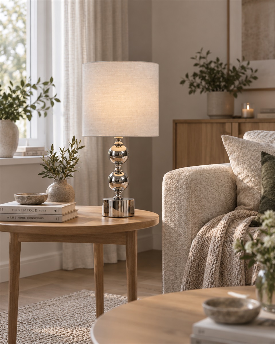 Circolo 48cm Kromi/valkoinen pöytävalaisin valmistajalta Nordic Lighting - Circolo-p&ouml;yt&auml;valaisimessa yhdistyv&auml;t koristeellinen metallijalka, elegantti kromipinta ja klassinen valkoinen pellavavarjostin.