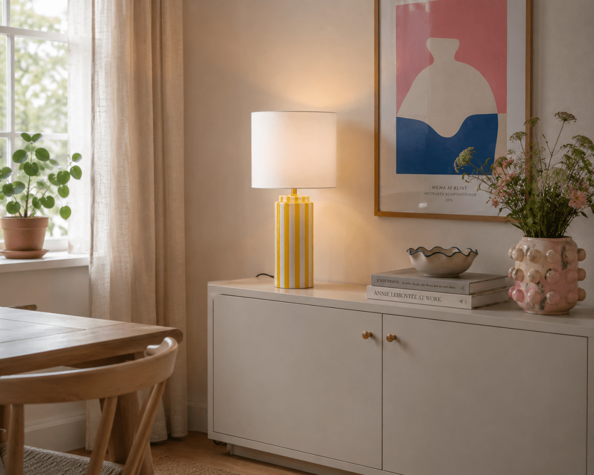Faro 50cm Keltainen/valkoinen pöytävalaisin valmistajalta Nordic Lighting - Lampunjalka on valmistettu keraamisesta materiaalista, ja sen kermanvalkoinen jalusta ja keltaiset raidat luovat eloisan mutta tasapainoisen vaikutelman.