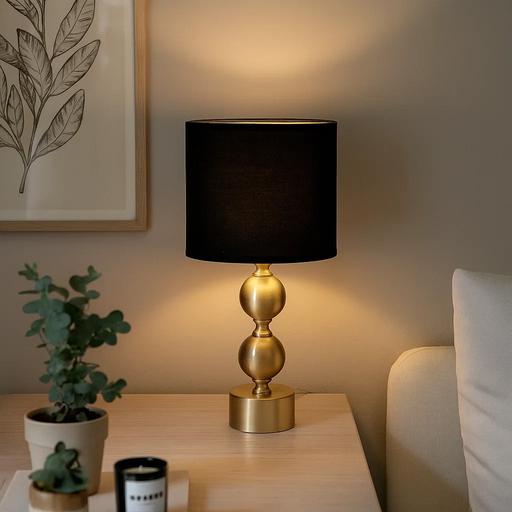 Circolo 48cm Messinki/musta pöytävalaisin valmistajalta Nordic Lighting - Circolo-p&ouml;yt&auml;valaisimessa yhdistyv&auml;t koristeellinen metallijalka, elegantti messinkipinta ja klassinen musta pellavavarjostin.