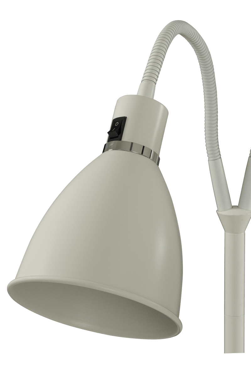 Idre 2 Valkoinen lattiavalaisin valmistajalta Aneta Lighting - Idre-lattiavalaisimessa, jossa on kaksinkertainen lampunpää, on klassinen muotoilu valkoiseksi lakatulla metallilla ja krominvärisillä koristerenkailla.
