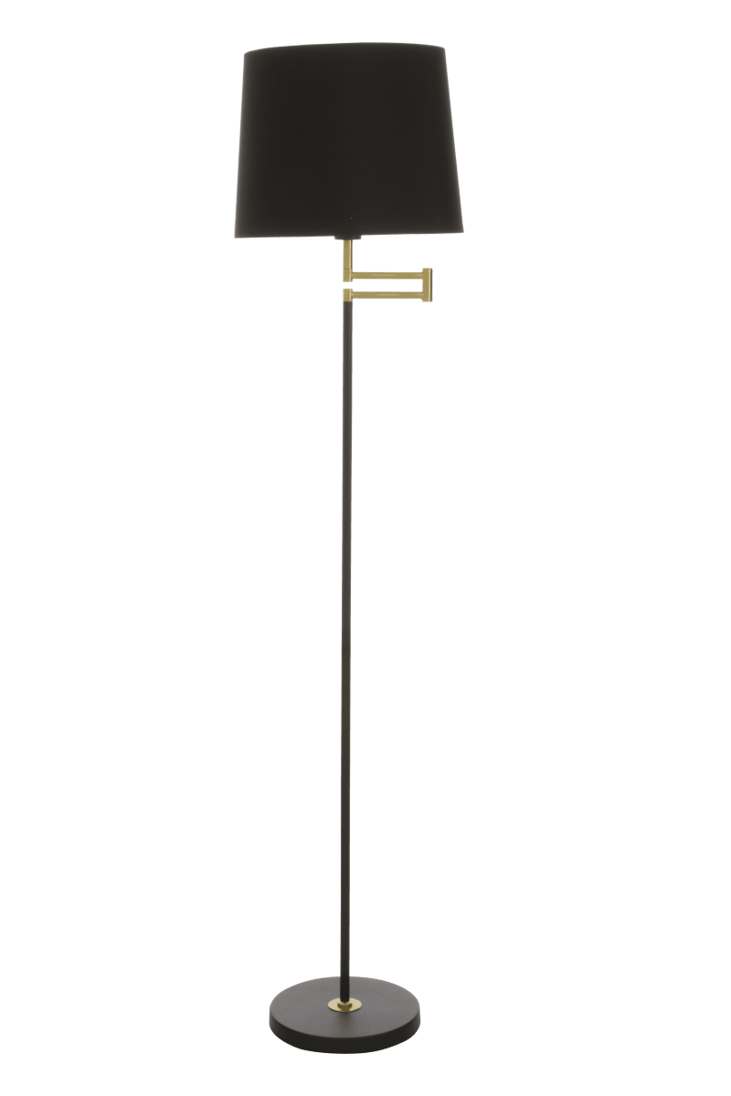 Birka Musta lattiavalaisin valmistajalta Aneta Lighting - Birka-lattiavalaisin valkoiseksi lakattua metallia ja yksityiskohdat messinki&auml;; k&auml;&auml;ntyv&auml; varsi, mukaan lukien tekstiiliverkko.