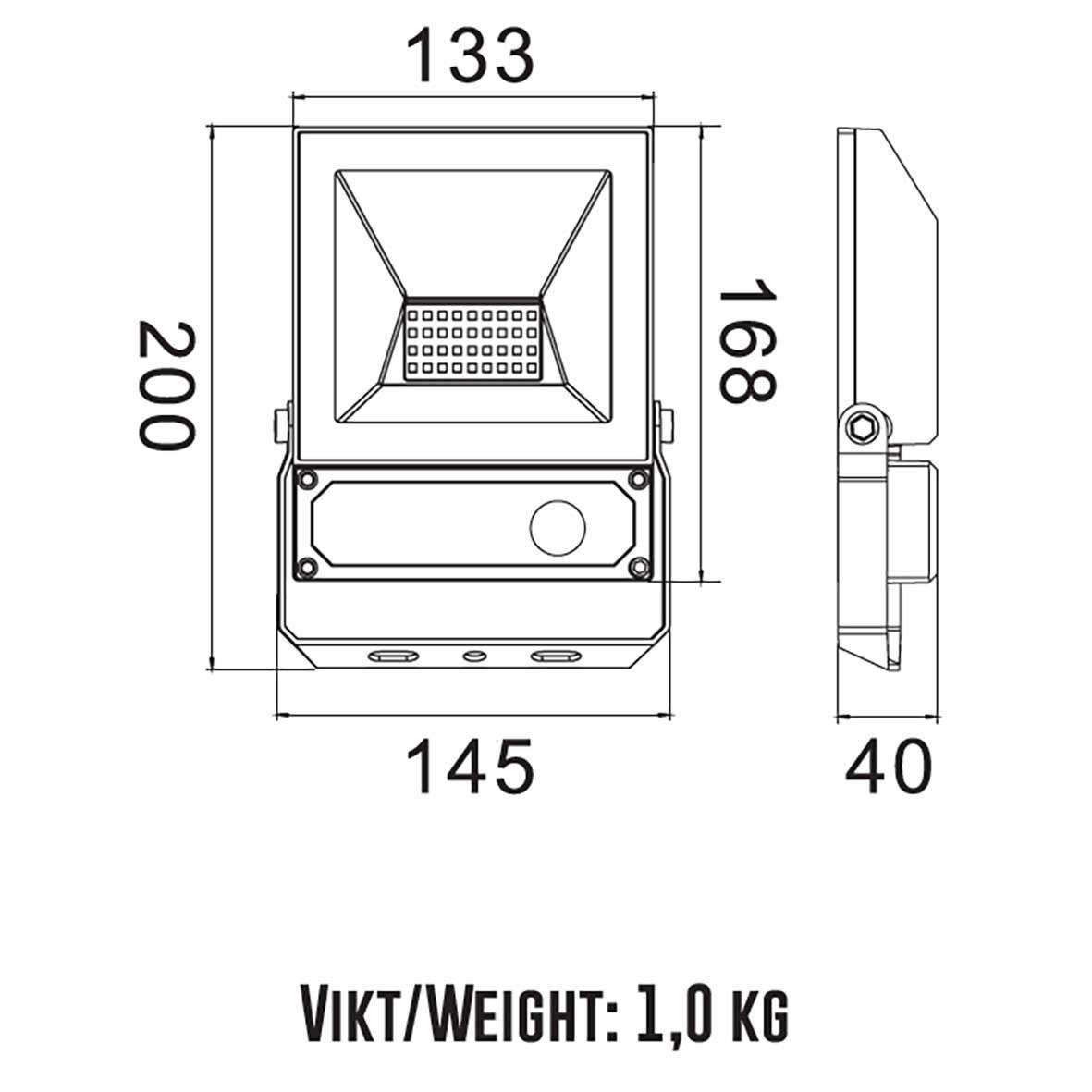 Elly valonheitin 30W sensorilla Musta valmistajalta Designlight - Elly 30W on kompakti ja luotettava LED-valonheitin, joka on varustettu PIR-anturilla ja kaukos&auml;&auml;timell&auml; helppoa ohjelmointia varten.