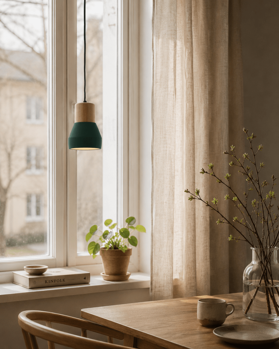 Pepe Ø13 Vihreä ikkunavalaisin valmistajalta Nordic Lighting - Puun ja betonin yhdistelm&auml; antaa vankan ja samalla l&auml;mpim&auml;n ilmeen, kun taas tummanvihre&auml;, mattav&auml;ri lis&auml;&auml; rauhallisen ja trendikk&auml;&auml;n tunnelman.