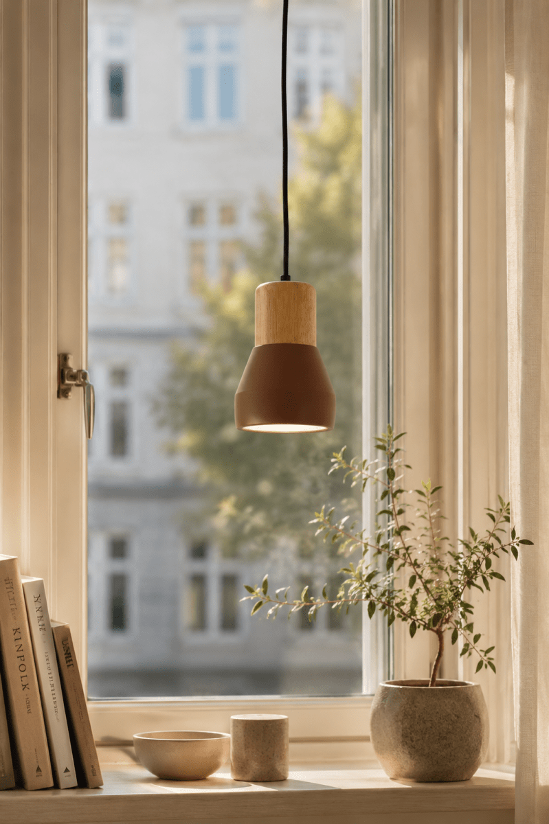 Pepe Ø13 Ruoste ikkunavalaisin valmistajalta Nordic Lighting - Puun ja betonin yhdistelm&auml; antaa kest&auml;v&auml;n ja samalla l&auml;mpim&auml;n ilmeen, kun taas matta ruosteenruskea v&auml;ri lis&auml;&auml; rauhallisen ja trendikk&auml;&auml;n tunnelman.