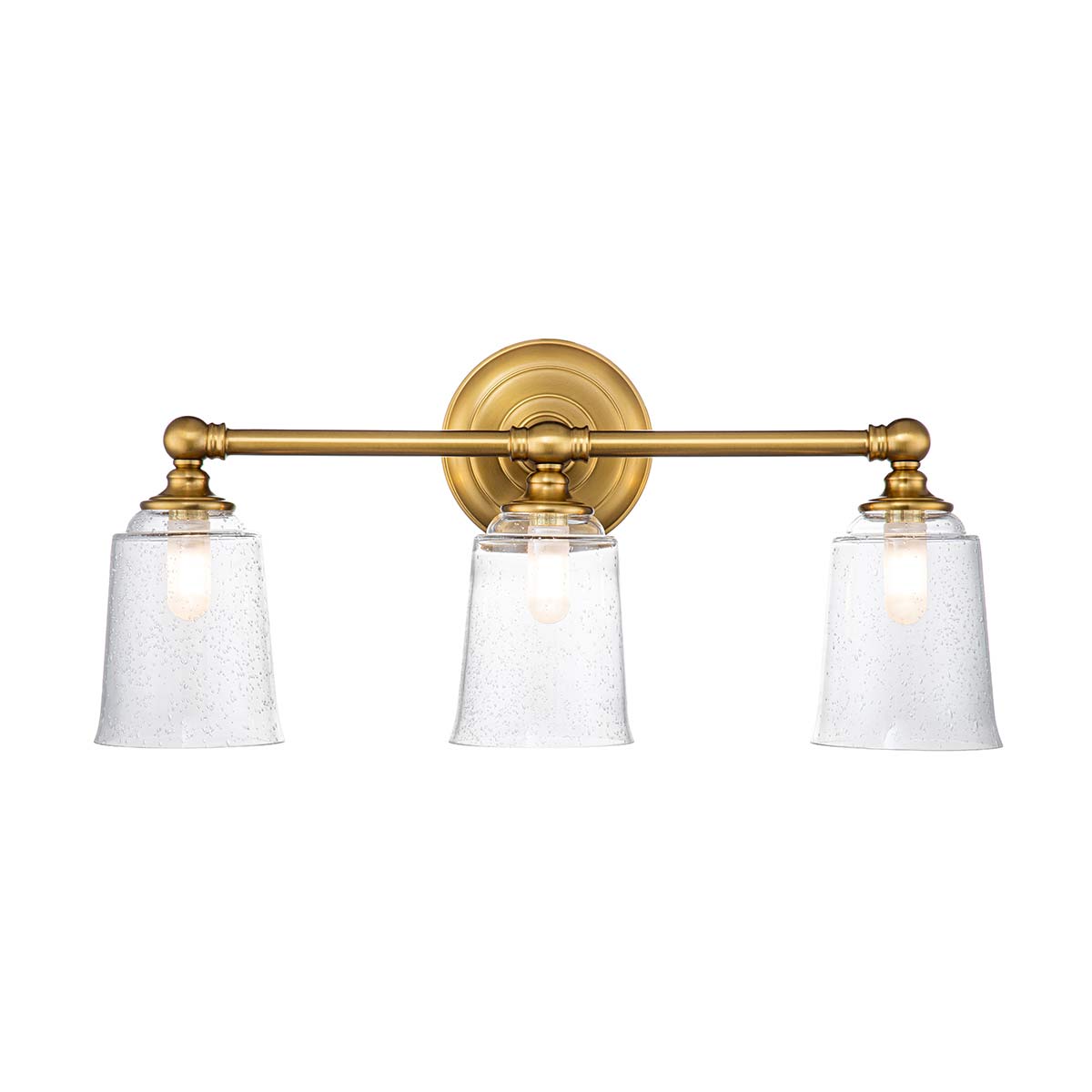 Huguenot Lake 53cm Messinki kylpyhuoneen valaisin valmistajalta Elstead Lighting - Tyylikkäät pyöreät yksityiskohdat ja käsin leikatut kiinnikkeet luovat perinteisen käsityötaidon tunteen, kun taas kirkas, strukturoitu lasi luo pehmeän ja kutsuvan valon.