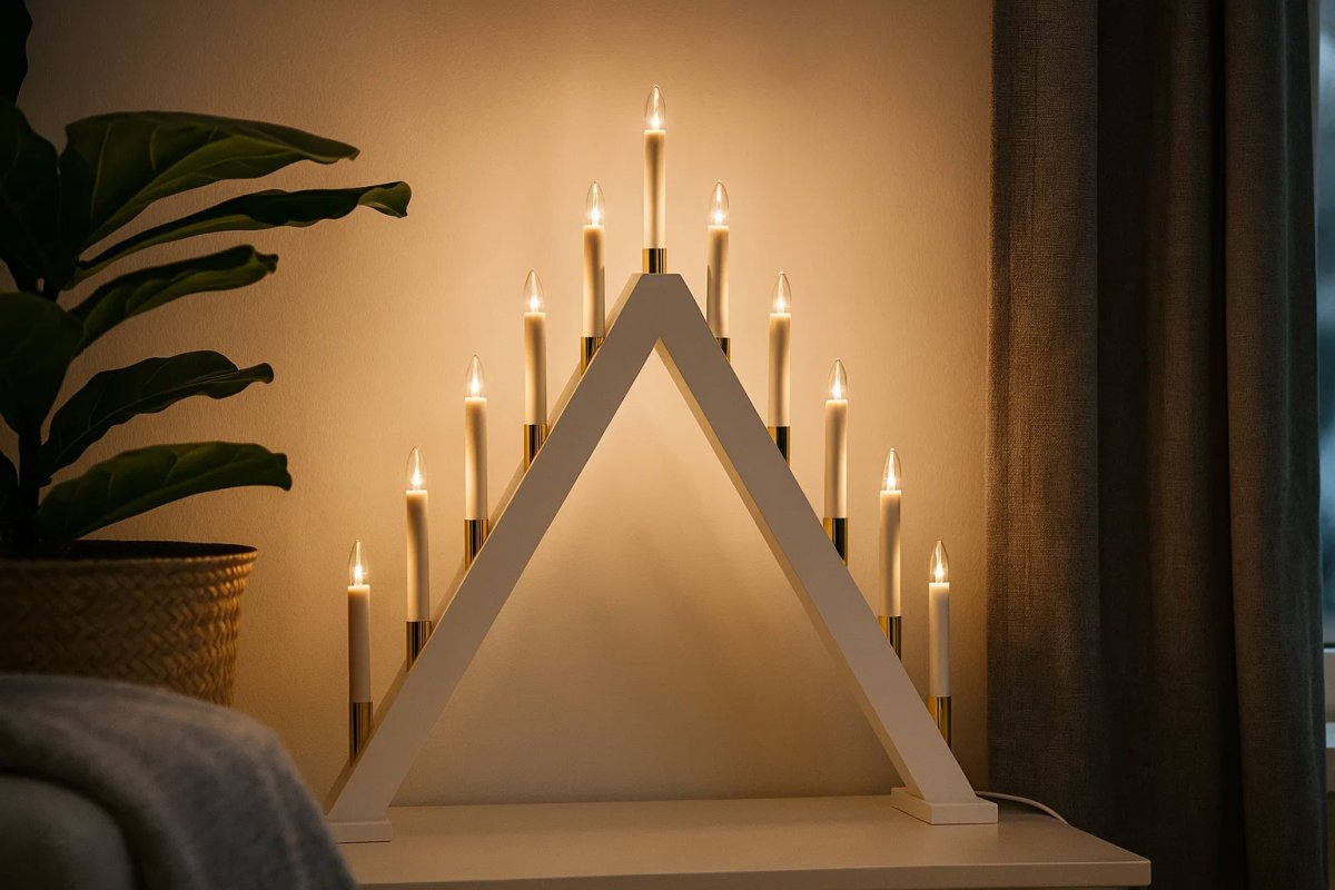 Hilda 11 Valkoinen valmistajalta Pixie Design - Hilda-kynttil&auml;njalka, jossa on 11 vartta valkoisella viimeistelyll&auml; ja kultaisilla yksityiskohdilla, on tyylik&auml;s ja klassinen p&ouml;yt&auml;koristelu, joka tuo joulutunnelmaa kotiisi.