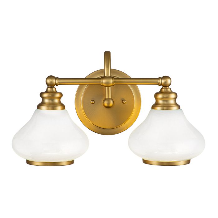 Ainsley 40cm Harjattu messinki kylpyhuoneen valaisin valmistajalta Elstead Lighting - Kupolimaiset opaalilasivarjostimet tarjoavat pehme&auml;n ja miellytt&auml;v&auml;n valon, ja ne on yhdistetty eleganttiin harjattuun messinkipintaan, joka viimeistelee kokonaisuuden.