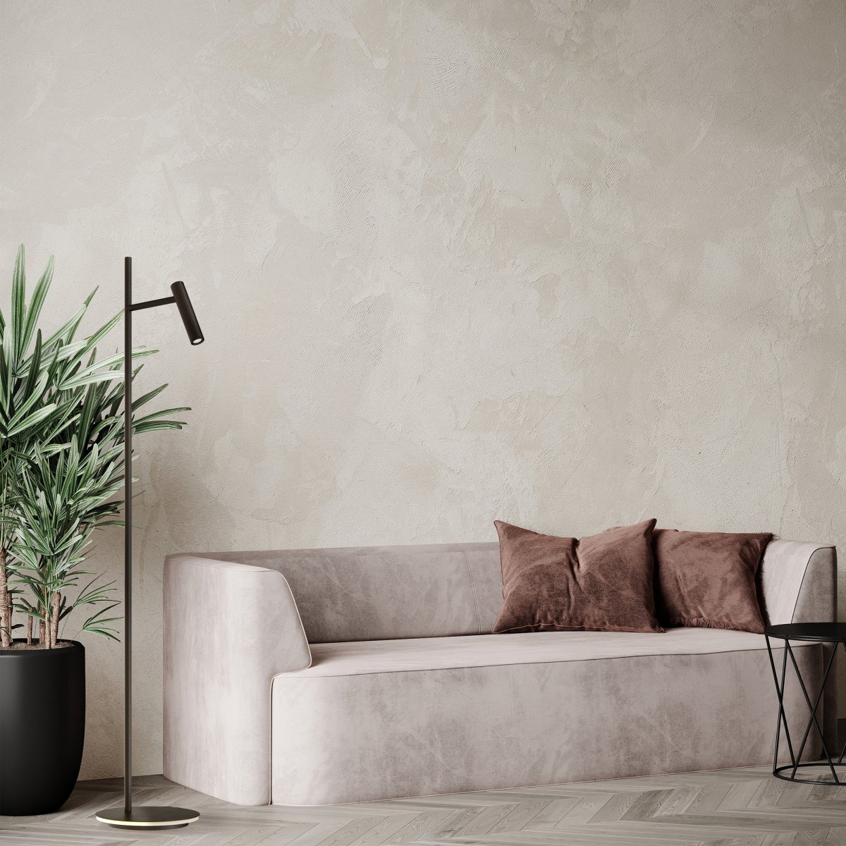 Estudo Musta lattiavalaisin valmistajalta Maytoni - Minimalistinen muoto ja tyylikäs jalka integroidulla kevyellä reunalla tekevät Estudosta monipuolisen ja elegantin lisäyksen niin kotiin kuin toimistoon.