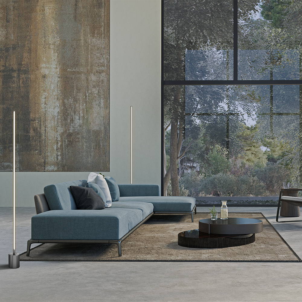 Flow Musta lattiavalaisin valmistajalta Maytoni - Ohut, suora muoto ja piilotettu LED-valaistus tarjoavat pehme&auml;n ja huomaamattoman valon, joka luo rauhallisen tunnelman.